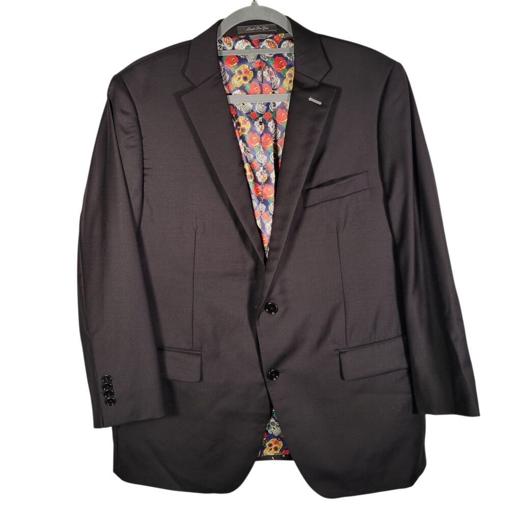 Indochino Black 100% Wool Custom Suit 42R Skull Lining 36x26 2 Pc
